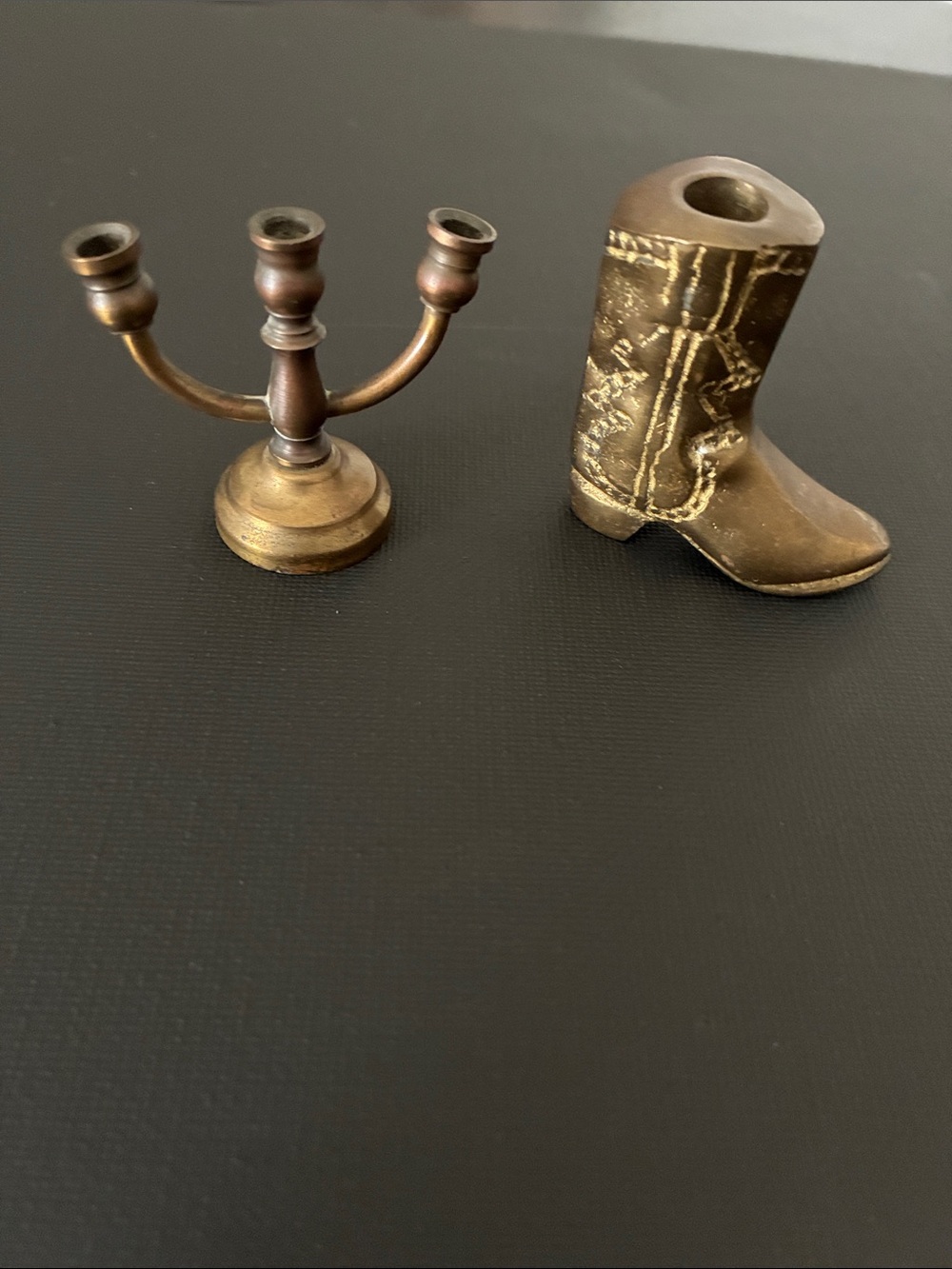 Vintage Brass Boot & Three-Arm Candle Holder - Brown